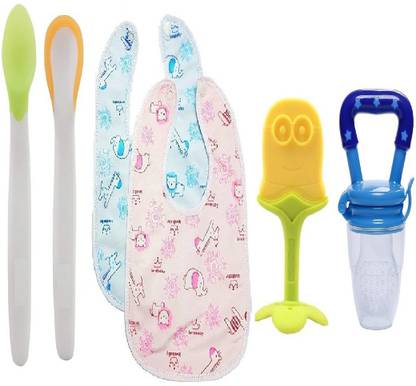 Manan Shopee Baby Food Feeder Nibbler Teether Spoon & Bib Combo -Feeding Set