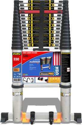 EURO Telescopic ladder 6.2 meter ( 20.6 ft ) - Stores at 3.9 ft - 10x Stronger Zero Flex technology – Flex Free Ladder - Sand Blasted Aluminium - Red Que safe step – Stabilizer, Anti Skid Pads & Wheel Kit Aluminium Ladder