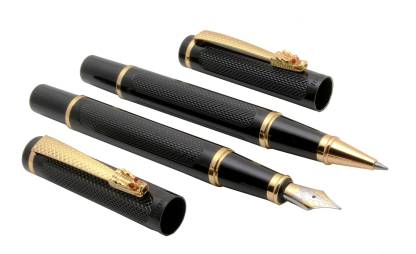 Ledos Set Of 2 - Imperial Dragon Shine Black Pens Red Crystal Eyes Golden Clip Pen Gift Set