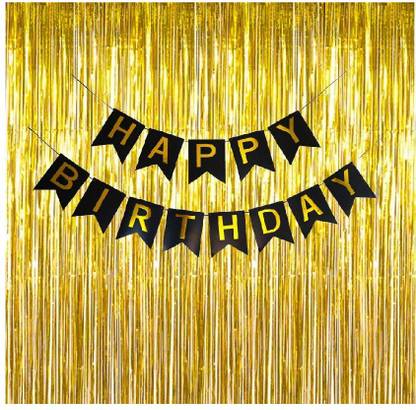 Balloons Festiko 3 * 6ft (Set-1) Golden foil Curtains+Happy Birthday Black Banner Decoration (Birthday Banner & Gold foil Curtains)