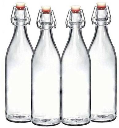 SkyKey Large Plain Glass Transparent Water Juice Bottle - (4 Pcs), 1000 ml Bottle