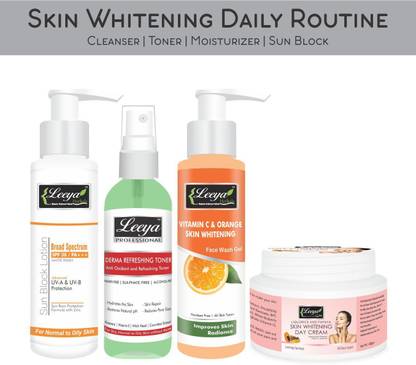 Leeya SKIN WHITENING DAILY ROUTINE WITH 1 VITAMIN C SULPHATE FREE FACE WASH 100ml, 1 ALCOHOL FREE DERMA REFRESHING TONER 100ml, 1 SKIN WHITENING DAY CREAM 40gm, 1 SUN BLOCK MATTE FINISH LOTION 100gm