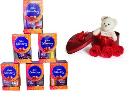Cadbury Mini Gift Pack Of 6 Chocolates With Heart-Shaped Teddy & Flowers Box Combo