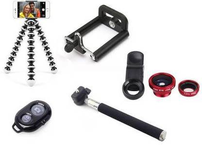 De-TechInn Selfie Stick Accessory Combo for All Smart Mobile phones With Flexible Mini Gorilla Tripod Holder,Bluetooth Selfie remote, And Universal 2 in 1 Camera Lens Kit