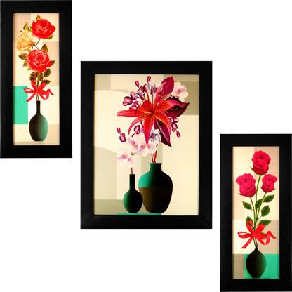 Indianara Indianara Set of 3 Floral Paintings (1702) Without Glass 6 x 13, 10.2 x 13, 6 x 13 inch Digital Reprint 13 inch x 10.2 inch Painting