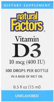 Natural Factors Vitamin D3 Drops, Unflavored, 400 IU, 0.5 fl oz (15 ml)