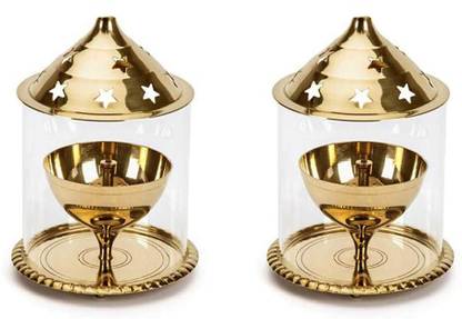 Puja N Pujari Akhand Diya with Glass Cover for Pooja & Diwali Set of 2 Brass (Pack of 2) Table Diya Set
