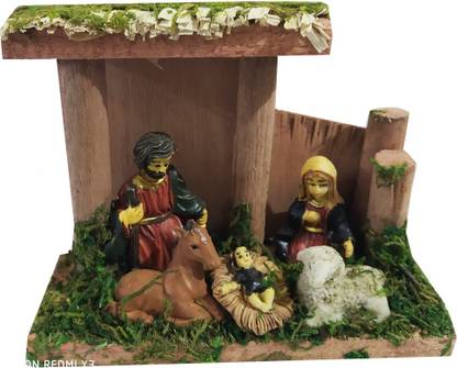 salvusappsolutions Beautifully Handmade Wood Hut with Marble Power Made Mary Joseph Baby Jesus Buffalo/Nativity Set/Crib Set for Christmas Assembled 10 cm Pack of 5