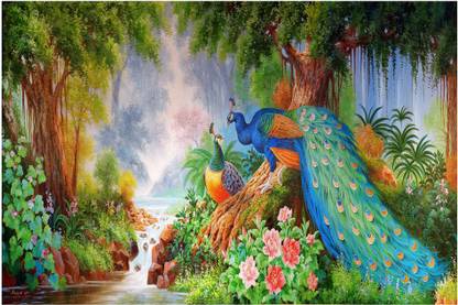 ZANKHI ART Beautiful natural scenery With Peacock Painting Sparkle Coated Lami 36 Inch x 24 Inch painting Digital Reprint 24 inch x 36 inch Painting