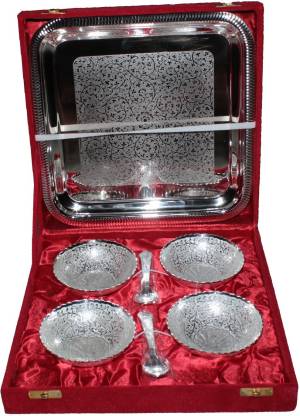 Paheli Craft White Box German Silver Bowl With Plate & Spoon Silver Set of 9 With Royal Velvet Gift Box Showpiece For Home Décor ( 29X29X7, Golden & Silver ) Nickel Decorative Platter