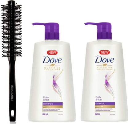 Bingeable Hair Round Brush with Dove Daily Shine Shampoo For Dull Hair 1300ml (650ml*2)