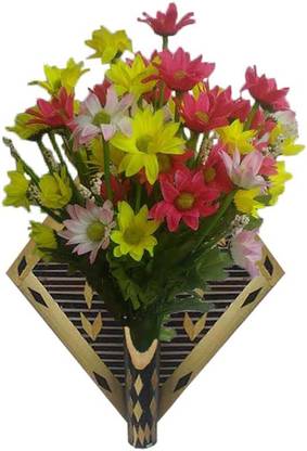 Tovick Handcrafted Traditional Wall Decor Flower Vase and Three Bunches of Artificial Flowers Multicolor Wild Flower Artificial Flower  with Pot