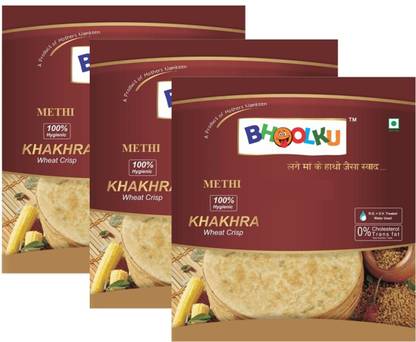 BHOOLKU Wheat Methi Khakhra - Healthy Snack - Tasty and Crispy - Less Oily - NO Cholesterol - Authentic Indian snack - PACK OF 3