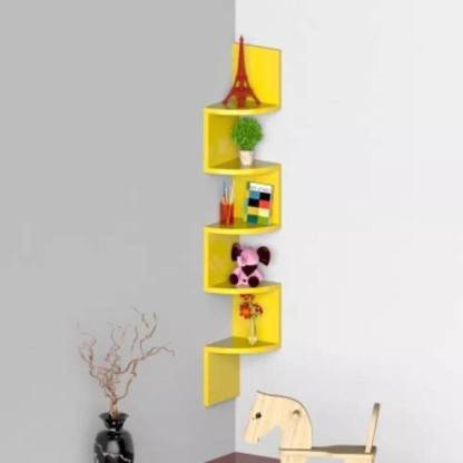 ArtfulCrafts Wooden Wall Zig Zag Rack Shelf Wooden Wall Shelf (Number of Shelves - 5 Yellow) Wooden Wall Shelf