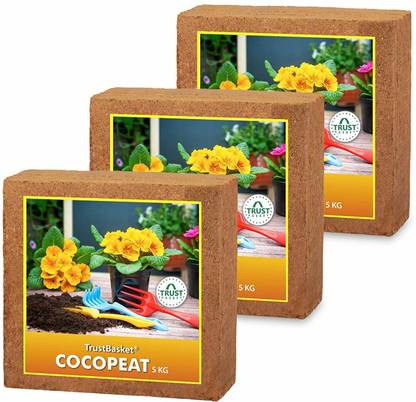 TrustBasket Cocopeat Block Expands to 225 L Coco Peat Powder (Set of 3, 5 Kg Blocks) Manure
