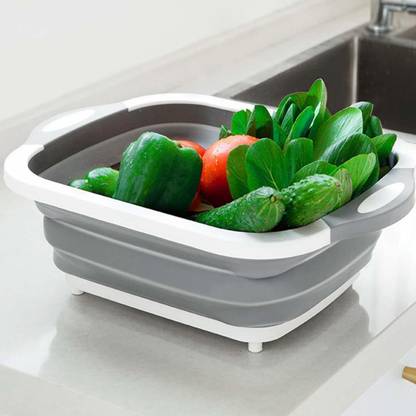 VIRAHI Silicone Multi Purpose 3 in 1 Collapsible Chopping Board Wash Strain Drain Dish Sink Basket Tub Portable Folding Meat Vegetable Cutting Pad Kitchen. Plastic Cutting Board