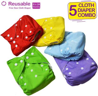 LAPWING Baby Reusable Cotton Cloth Diapers, Washable and Adjustable Infant 5 Diapers with 1 free Insert pad (Age 0-24 Months) (Pack of 5 pcs.) Multicolour