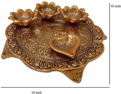 WELLWISHERS CRAFT Pooja Thali set with Diya Gold Plated for Home and Office Temple and Pooja Aluminium