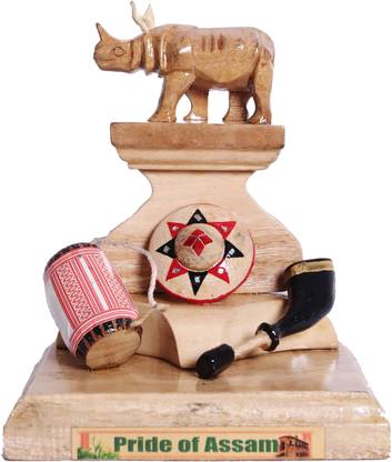 ASAMICA Colourful Assamese Bihu Set with Dhol Pepa Japi Rhino Decorative Showpiece  -  18 cm
