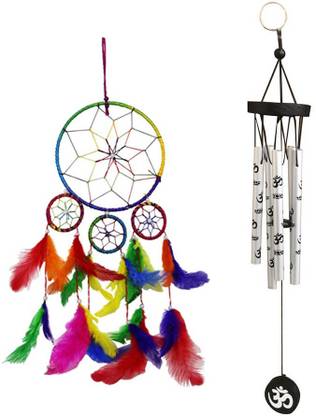 Ryme Combo Of 4 Rings Multi Color Dream Catcher & Om Silver 5 Pipe Wind Chime For Home And Office Decoration (Pack Of 2) Feather, Brass Windchime