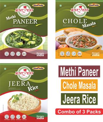 Just 2 Eat Methi Paneer, Chole Masala, Jeera Rice - Combo of 3 Packs 850 g