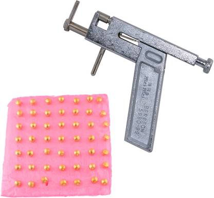 GadgetsDen Professional Stainless Steel Ear Nose Body Piercing Gun Shots Tool Kit Set + 96 Pcs Gold Plated Studs Set Permanent Tattoo Kit