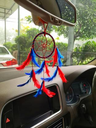 BS AMOR Dream catcher car hanging, car mirror decoration handmade beaded circular net with feathers windchime Red & Blue (41 cm) Decorative Showpiece  -  41 cm
