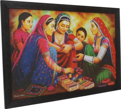TATLA Village Lady Group Wooden Photo Frame Digital Reprint 22 inch x 14 inch Painting