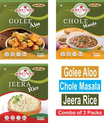 Just 2 Eat Golee Aloo, Chole Masala, Jeera Rice - Combo of 3 Packs 850 g