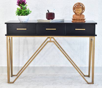 Samdecors 3 Drawer Console Hall Table Black With Golden Finish Iron Frame Solid Wood In India Iron Frame Solid Wood Console Table, Modern Console Table With Drawers Solid Wood Metal