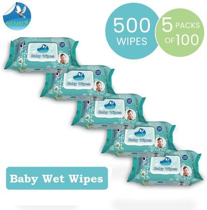 GLIDER Baby Wipes|100 Pcs/Soft and Thick | Aloe Vera & Vitamins( Pack of 5) 500 Wipes