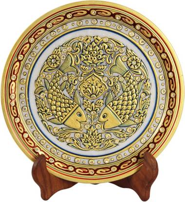 Handicrafts Paradise Decorative Plate in Marble with fishes painted with an intricate border around Stoneware Decorative Platter