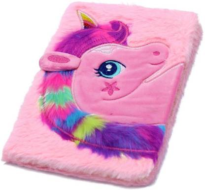 DEZIINE Unicorn Furry Plush with Sequin Horn Personal Notebook Diary Book (A5) A5 Diary SINGLE 160 Pages