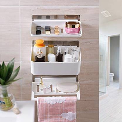 hari Plastic 3 Layer Bathroom Cosmetic Organizer with Towel Rail Shelves Storage Rack,Plastic Bathroom Storage Tray Shelf, Wall Hanging Rack with Towel Rail(White)-Attach Without Drilling Plastic Wall Shelf