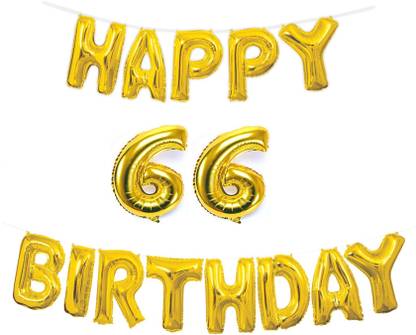 Almoda Creations Solid Golden Happy Birhtday Banner with 66 Number & Ribbon Letter Balloon