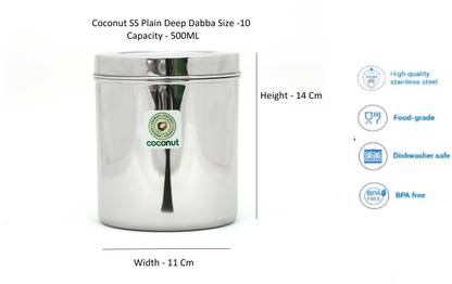 COCONUT Stainless Steel Plain Deep Dabba / Container / Storage / Utility Box - Pack of 6 Containers  - 500 ml स्टील ग्रोसरी कंटेनर