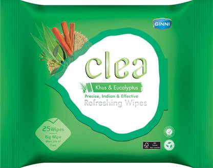 Clea Refreshing Wipes (Khus & Eucalyptus) (25 Wipes per pack)(Big Wipe does job of Two)