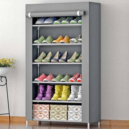 PYXBE 1-Door 6-Shelf Fabric Portable Folding Shoes Rack 6 Tiers Multi-Purpose Shoe Storage Organizer Cabinet Tower with Iron and Nonwoven Fabric with Zippered Dustproof Cover Metal Shoe Rack (Grey, 6 Shelves) Plastic, Metal Collapsible Shoe Stand