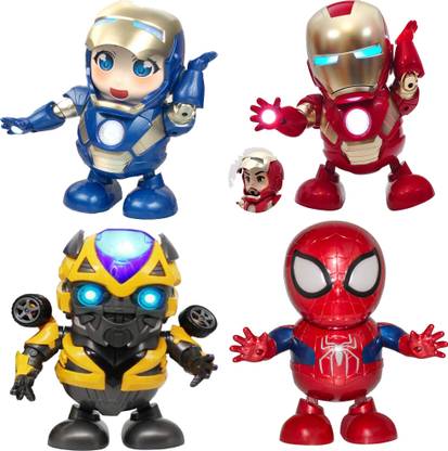 SALEOFF Iron Man,Iron Lady,Spider Man & Bumble Bee Action Figure with Openable Face Mask, Mini Dancing Robot Musical Superhero , Lights & Music Toy for Kids