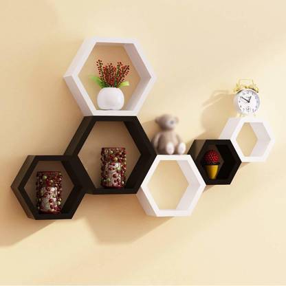 Moonlight trading Company Hexagon Shape Wall Shelf for Living Room & Bed Room Set of 6 Floating Wall Shelves (White & Brown) MDF (Medium Density Fiber) Wall Shelf