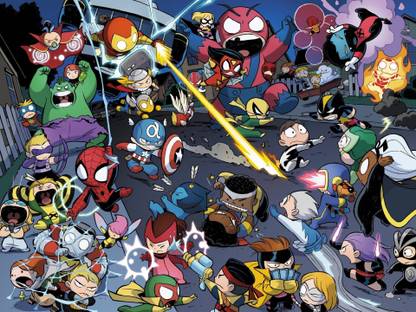 Comics Avengers Vs. X-Men Babies Hulk Hawkeye Spider-Man Wasp Scarlet Witch Spider-Woman Captain America Beast Iron Man Human Torch Wolverine Nightcrawler Colossus Vision HD Wallpaper Background Fine Art Print
