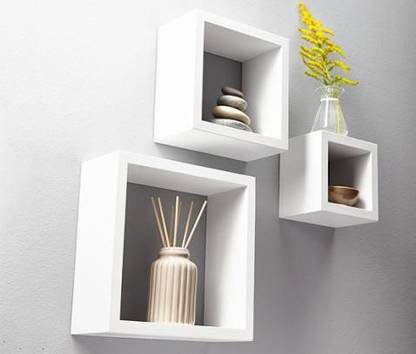 ArtfulCrafts Wooden Square Shape Wall Mounted Wall Shelf ( Number Of Shelves 3, White) Wooden Wall Shelf