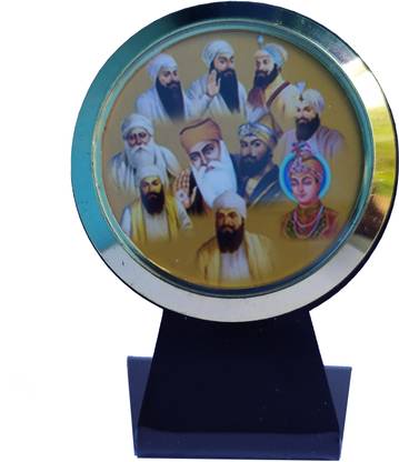 Gwals Ten Holy Sikh Gurus With Guru Nanak Dev Ji Car Temple in Acrylic Frame for Car, Home & Office Decorative Showpiece  -  4 cm