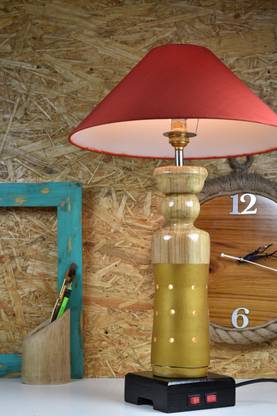 Design Hill Bamboo LED Based Shade Lamp With Red Color Fabric Shade Night Lamp