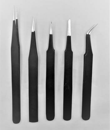 RIVER FOX Black Coated Stainless Steel Non Magnetic Tweezers Set of 5
