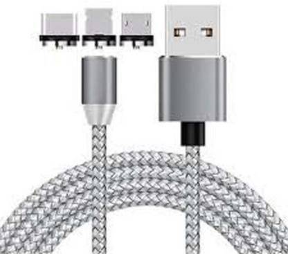 SANNO WORLD Magnetic Charging Cable 1.12 m Nylon Round USB Type-C/MicroUSB/iOS fast charging cable 1 m  (Compatible with all Smartphones, Silver)