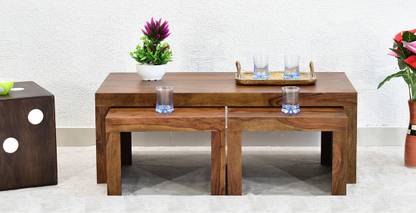 SamDecors Solid Sheesham Wood Emily Set of Three Nesting Tables (Set of One Centre Coffee Table and Two Side Tables) (Lacquer Finish, Natural Teak) Solid Wood Nesting Table