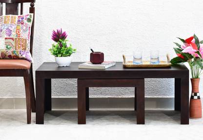 SamDecors Solid Sheesham Wood Emily Set of Two Nesting Tables (Set of One Centre Coffee Table and One Side Table) (Lacquer Finish, Natural Teak) Solid Wood Nesting Table