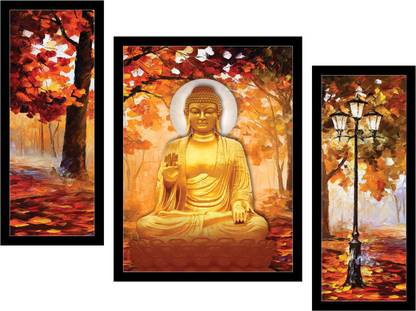 Dolphin Art Blessing buddha Piece 3 piece Painting with Synthetic Frame Digital Reprint 13 inch x 10 inch Painting