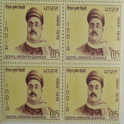 Sams Shopping 09 May 66 Gopal Krishna Gokhale. Personality, Freedom Fighter, Indian National Congress, 15 P. (Block of 4) Stamps